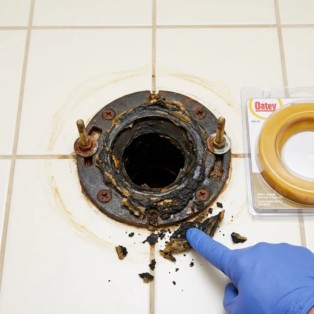 Failed wax ring showing water seepage at the base of a toilet in a Dexter, MO home