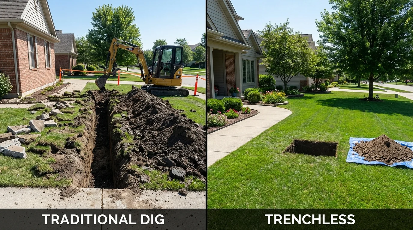 Trenchless sewer repair with minimal yard damage versus traditional excavation in Dexter, MO